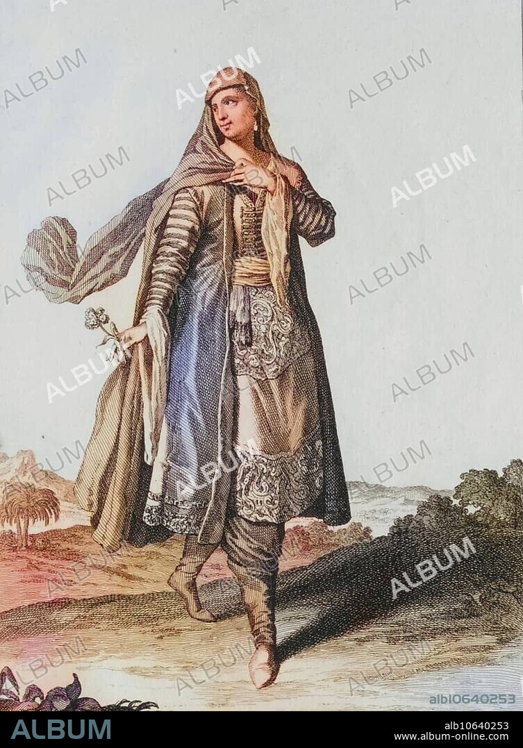 Traditional traditional costume, clothing, a woman from Morocco around 1700, copperplate engraving by Caspar Luyken from 1703, digitally restored reproduction from an 18th century model