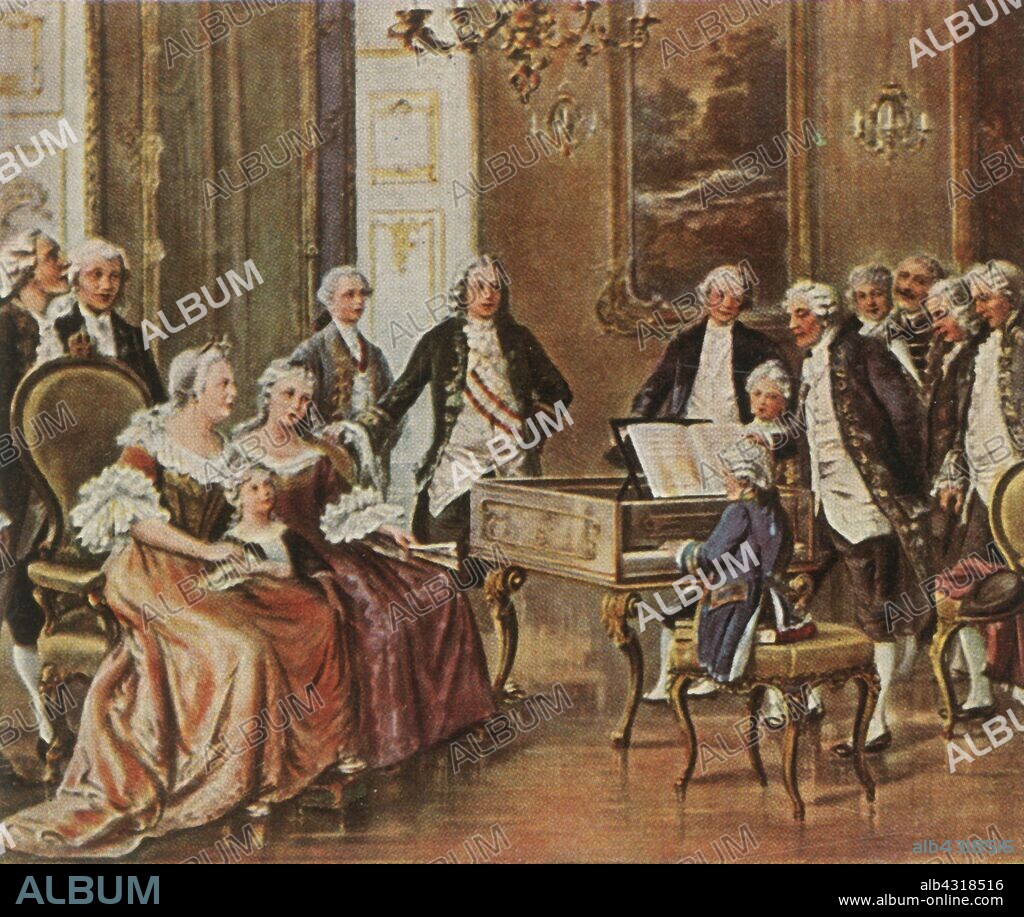 Mozart performs for Empress Maria Theresia, 1 October 1762, (1936). 'Mozart Vor Kaiserin Maria Theresia, 1 Oktober 1762'. The six-year-old Mozart plays for the Empress Maria Theresa of Austria at the imperial court in Vienna. Austrian composer Wolfgang Amadeus Mozart (1756-1791) was a child prodigy, and supposedly jumped on the empress's lap when he visited with his father and sister. From "Bilder Deutscher Geschichte", (Pictures of German History), No.12, cigarette card album. [Cigaretten-Bilderdienst, Altona-Bahrenfeld, Hamburg, Germany, 1936].