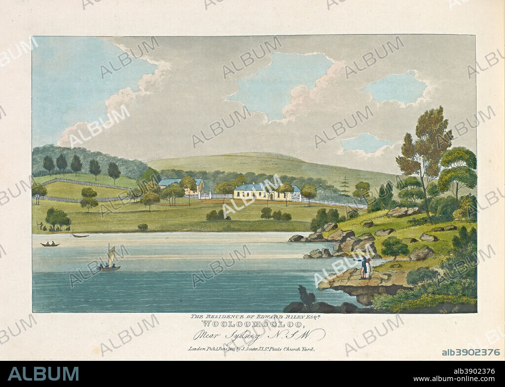 JOSEPH LYCETT. The residence of Edward Riley Esquire, Wooloomooloo, Near Sydney N. S. W. Date/Period: 1825. Illustrated Books. Hand-coloured aquatint and etching printed in dark blue ink. Height: 176 mm (6.92 in); Width: 280 mm (11.02 in).