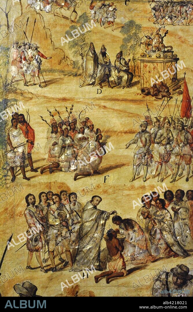 The Conquest of Me_xico (1519-1521). Depicted scenes: F- Cholultecas indians kneeling before the king of Spain (obedience to the king). H- Towards to Cholula the Friar Bartolome de Olmedo baptizing seven Indians. Detail. Table belonging to a set of 6 made with the "enconchado" technique. Anonymous author. Oil and nacre. 1676-1700. Mexican School. Viceroyalty of New Spain. Mexico. Museum of the Americas. Madrid, Spain.
