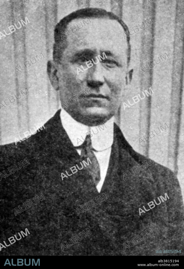 Portrait of Guglielmo Marconi (1874-1937), Italian physicist, Nobel Laureate and developer of wireless telegraphy. Marconi came from a wealthy family, and was privately tutored. In 1894 he read about the radio waves of Hertz, and set about applying this theory to sending signals. Making his own instruments, Marconi managed to send messages in morse code over increasingly longer distances. He moved to England in 1898, by then sending signals over 20 miles. In 1901 he reached his crowning achievement, by sending a radio message across the Atlantic Ocean. For this he shared the 1909 Nobel Prize in Physics with Karl Ferdinand Braun, and was given the title Marchese by the Italian Government.