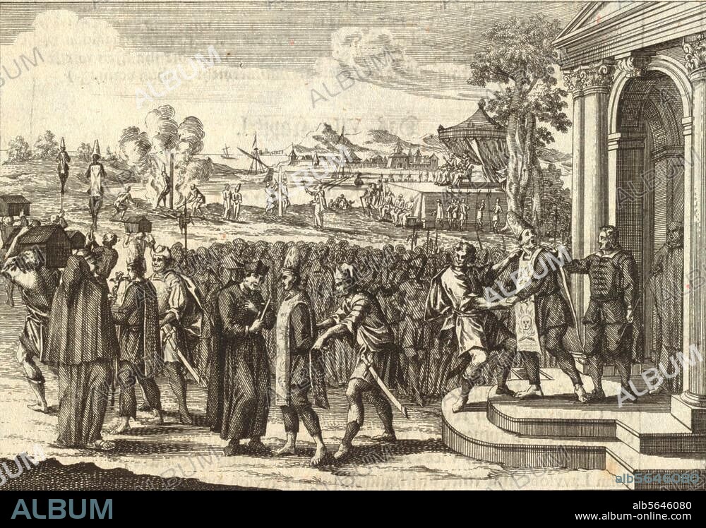 Religion / Christentum / Inquisition:. "Das Geistliche Inquisitions-Gerichte hält eine Execution". (Portugal, 1664; Verbrennung von 12 Personen "weil man sie des Judenthums beschuldigte"). Radierung von Jan Luyken (1649-1712). Aus: H.Ludolff, Historische Schaubühne, Frankfurt a. M. 1718. Berlin, Sammlung Archiv für Kunst und Geschichte.