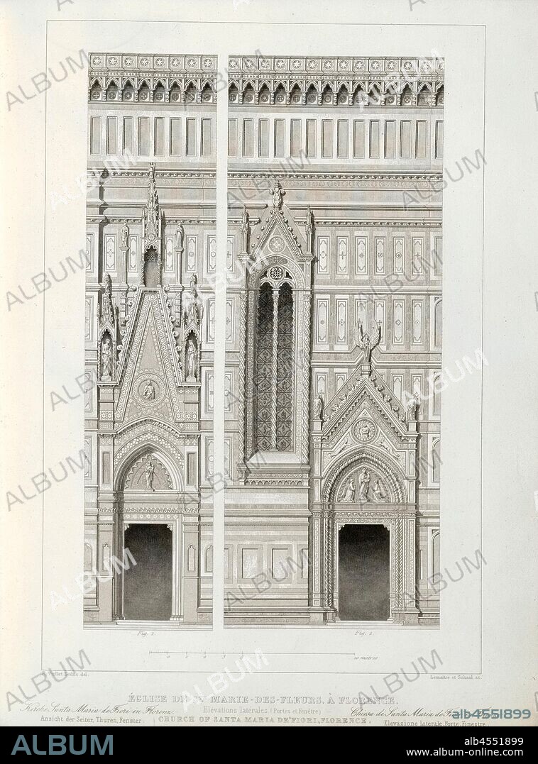 Church of St. Marie-des-Fleurs, in Florence. Side elevation Doors and Window, Cathedral of Santa Maria del Fiore in Florence, signed: E. Viollet Leduc del, Lemaitre et Schaal sculp, Pl., 29, Viollet-le-Duc, Eugène-Emmanuel (del.); Lemaître, Augustin François (sc.); Schaal, Louis Jacques Nicolas (sc.), 1853, Jules Gailhabaud: Monuments anciens et modernes: collection formant une histoire de l'architecture des différents peuples à toutes les époques. Paris: Librairie de Firmin Didot frères, 1853.