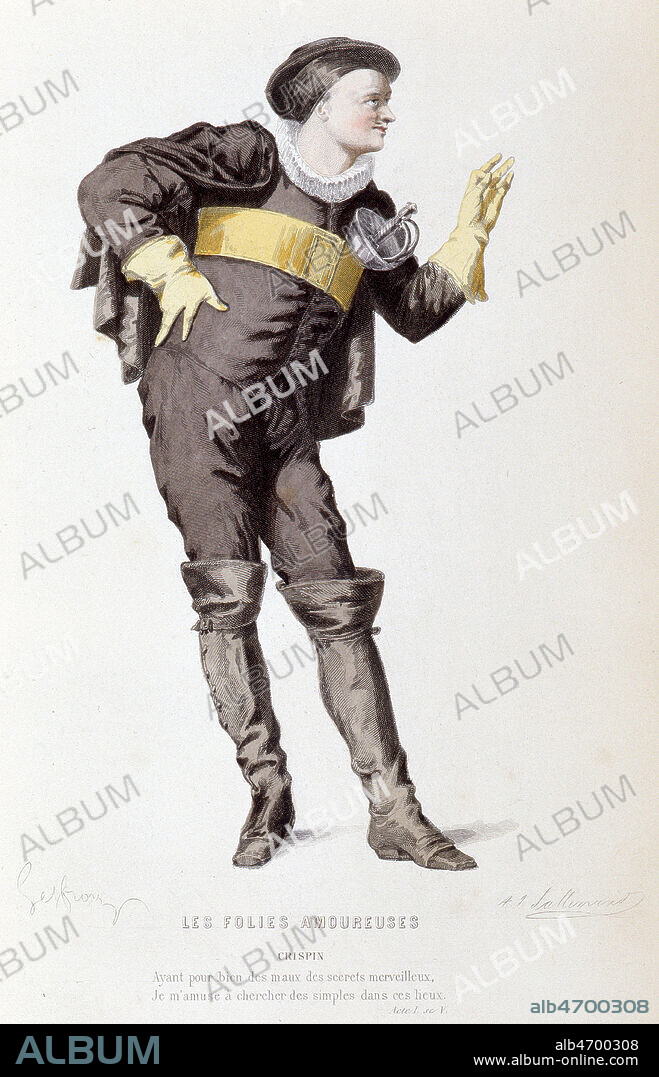 Personnages de theatre dans des oeuvres du 18eme siecle : CRISPIN (le valet d'ERASTE) dans 'Les folies amoureuses ' de REGNARD. Illustration de Edmond GEFFROY (1804-1895) pour Chefs d'oeuvres dramatiques du XVIIIeme siecle par Jules Janin, 1872. Credit Collection VAV/Kharbine Tapabor.