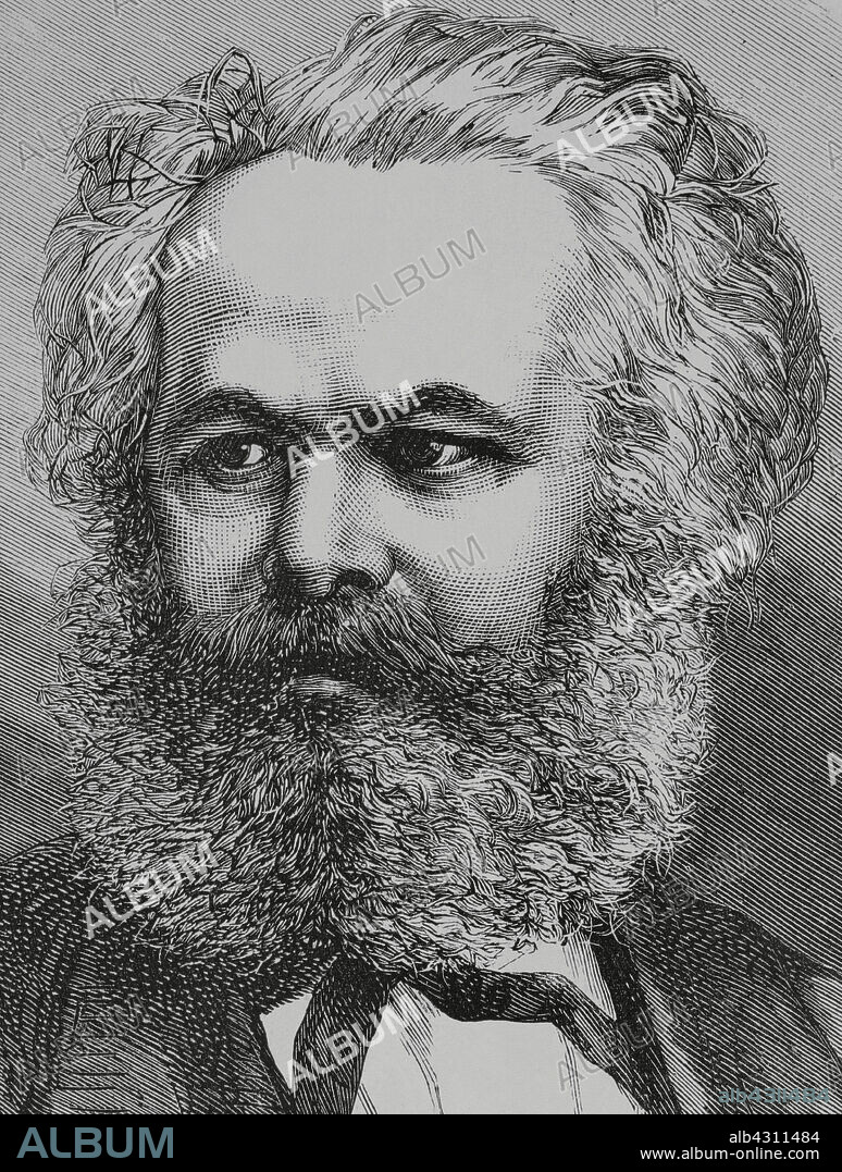 TOMÁS CARLOS CAPUZ (1834-1899). SPANISH ENGRAVER.. Karl Marx (1818-1883). German philosopher, economist and communist politician. Portrait. Engraving by Tomás Carlos Capuz (1834-1899). La Ilustración Española y Americana (The Spanish and American Illustration), 1883.