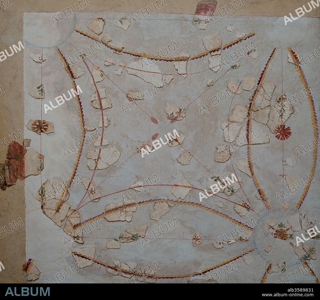 Estuco decorado, Siglo I a.C, en la Villa romana de Torre Llauder o Can Llauder, Mataró, Barcelona, Cataluña, España.