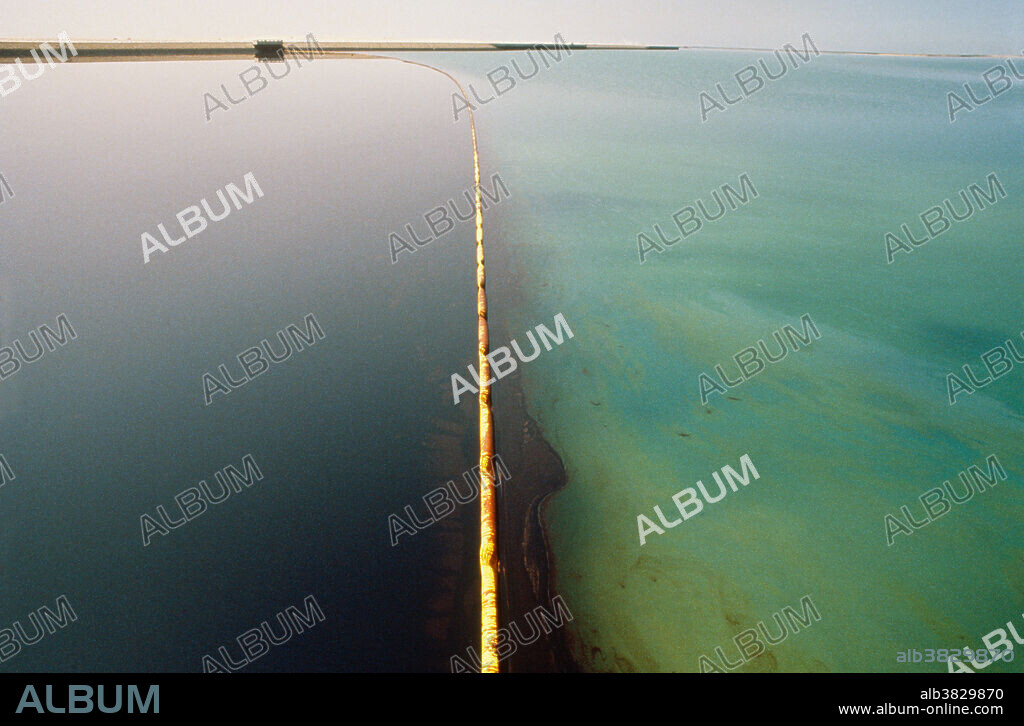 Oil slick in the Persian gulf during the Gulf War oil spill, considered the worst oil spill in history. It caused considerable damage to wildlife in the Persian Gulf. Estimates on the volume spilled range from 42 to 462 million gallons, or 5 to 27 times the size of the Exxon Valdez spill.