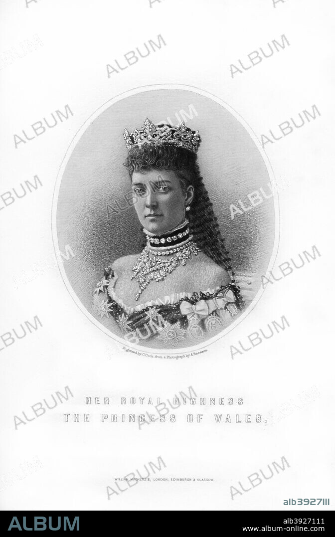 Princess Alexandra of Denmark, Princess of Wales, 1899. Princess Alexandra (1844-1925) married Queen Victoria's eldest son, the future King Edward VII, in 1863. An engraving from James Taylor's The Victorian Empire, William Mackenzie, (London, 1899).