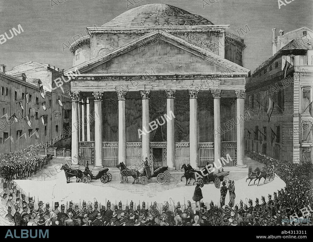 BERNARDO RICO (1825-1894). SPANISH PAINTER AND ENGRAVER.. History of Italy. Rome. Sixth anniversary of the death of Victor Emmanuel II (1820-1878) and 25th anniversary of the proclamation of the unity of the fatherland. On 9 January 1884, the Kings of Italy, Umberto I (1844-1900) and Margherita of Savoy (1851-1926), accompanied by Victor Emmanuel, Prince of Naples (their son and successor to the throne), and the Duchess of Genoa, made their way from the Quirinal Palace to the Pantheon to attend the religious commemoration ceremony behind closed doors. Arrival of the King and Queen of Italy at the Pantheon to attend the anniversary of the death of Victor Emmanuel. Engraving by Bernardo Rico (1825-1894). La Ilustración Española y Americana (The Spanish and American Illustration), January 22, 1884.