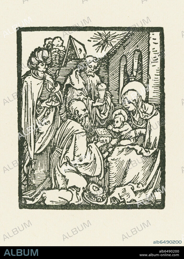 ALBERTO DURERO. The Adoration of the Magi. Illustration to Andachtsbuch mit Sonntagsevangelien - Prayer book with Sunday Gospels (Postillia). Printed by Hieronymus H&ouml;ltzel (?), Nuremberg, after 1510 (?). Woodcut, around 63 x 50mm.