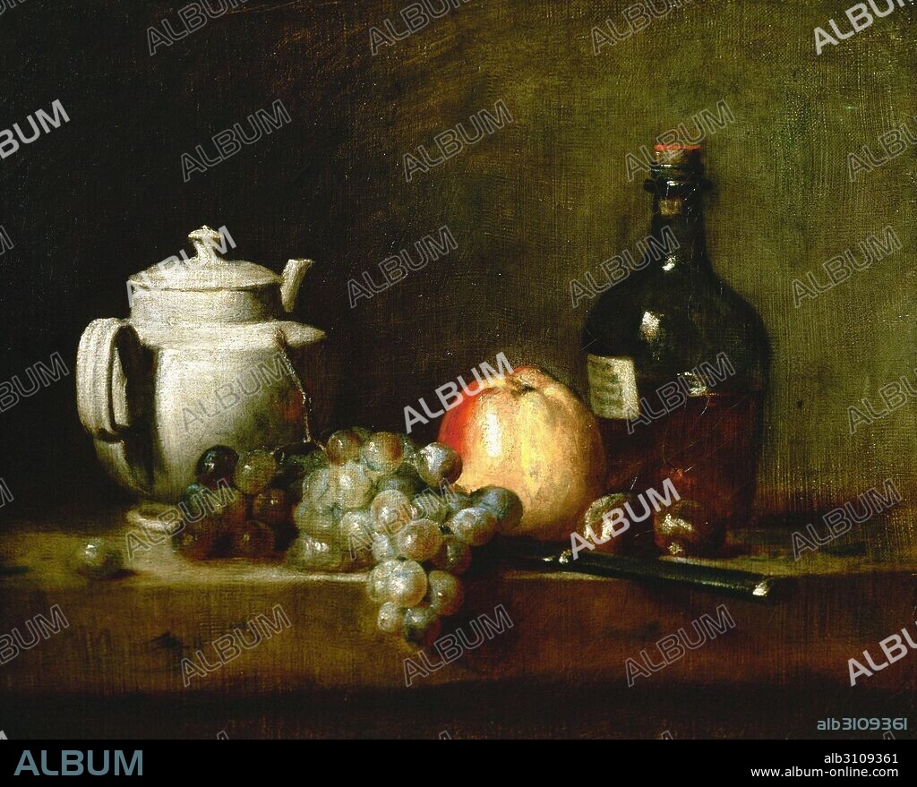 JEAN BAPTISTE SIMEON CHARDIN. Tetera blanca, uvas, castañas, cuchillo y botellas.