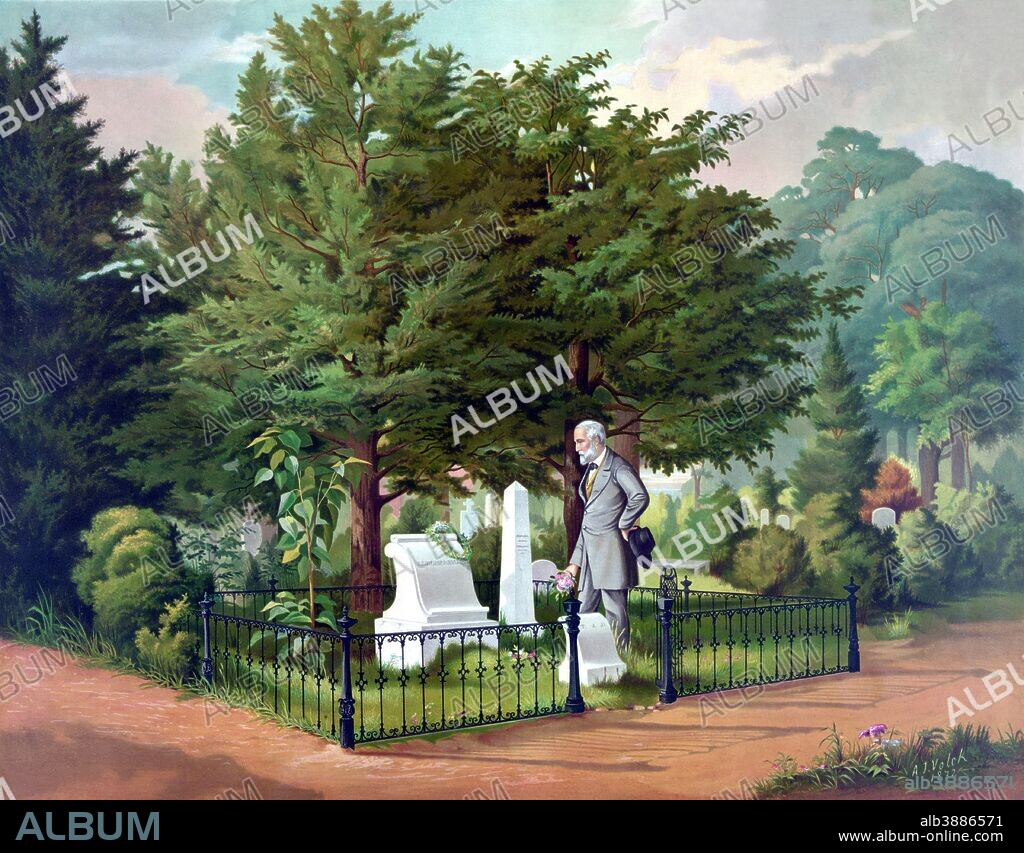 Vintage Civil War color painting of General Robert E. Lee visiting the grave of General Thomas Stonewall Jackson.