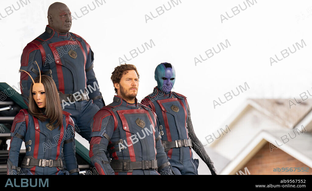 CHRIS PRATT, DAVE BAUTISTA, KAREN GILLAN und POM KLEMENTIEFF in GUARDIANS OF THE GALAXY VOL. 3, 2023, unter der Regie von JAMES GUNN. Copyright Marvel Studios / Marvel Entertainment.