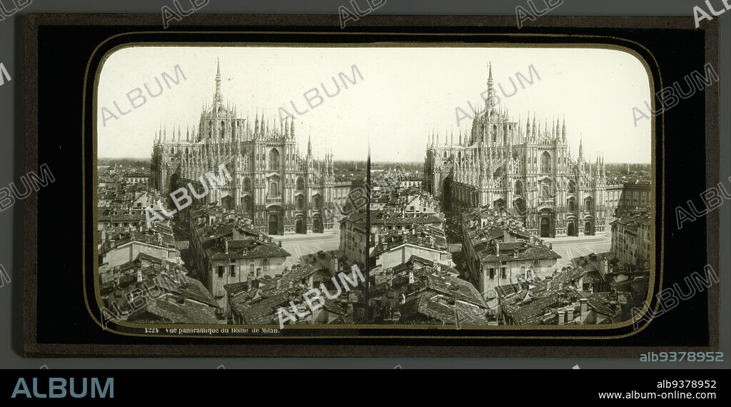 View of the cathedral of Milan, Ferrier Père-Fils et Soulier (possibly), Claude-Marie Ferrier (possibly), Milaan, 1860 - 1870, glass, zegel rand:, slide, height 82 mm × width 170 mm.