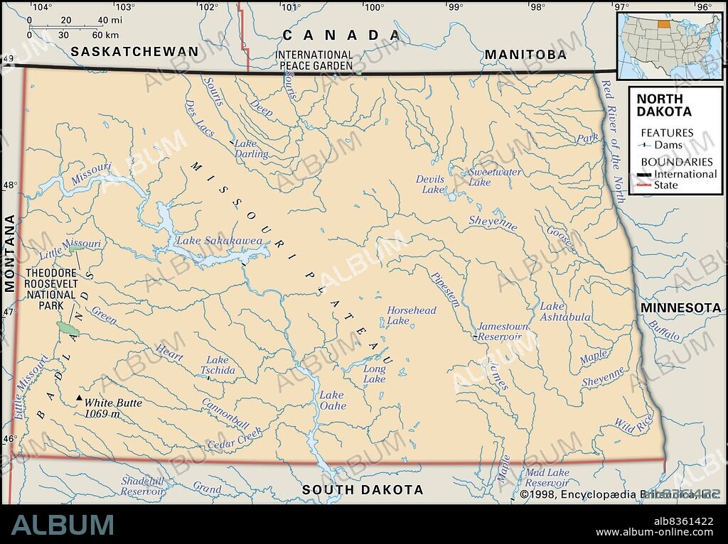 Physical map of North Dakota.