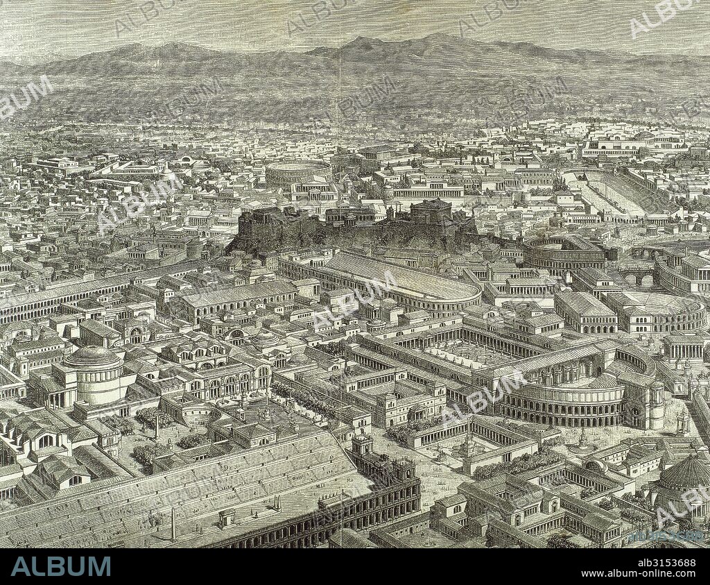 HISTORIA DEL IMPERIO ROMANO. Grabado del siglo XIX con la representación de ROMA en tiempos del Emperador Aureliano.