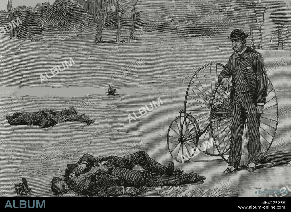 Ireland, Dublin. Phoenix Park Murders. Assassination of Lord Frederick Cavendish (Chief Secretary for Ireland) and Thomas Henry Burke (Permanent Undersecretary of Ireland), on May 6, 1882. Discovery of their corpses. They were stabbed by members of the rebel group "Irish National Invincibles". Engraving. La Ilustración Española y Americana, 1882.