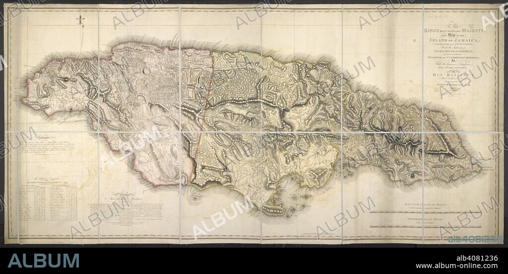 A 19th century map of the Island of Jamaica. : To the King's most excellent Majesty, this Map of the Island of Jamaica, constructed from actual surveys, under the Authority of the Hon. House of Assembly ... is inscribed by ... James Robertson, A.M. ... Engraved by S.J. Neele ... British Statute Miles ... XXX[ = 374 mm]. London : J. Robertson, 1804. 3 sh. 660 x 895 mm.; British Statute Miles ... XXX[ = 374 mm]. Source: Maps 80710.(13).