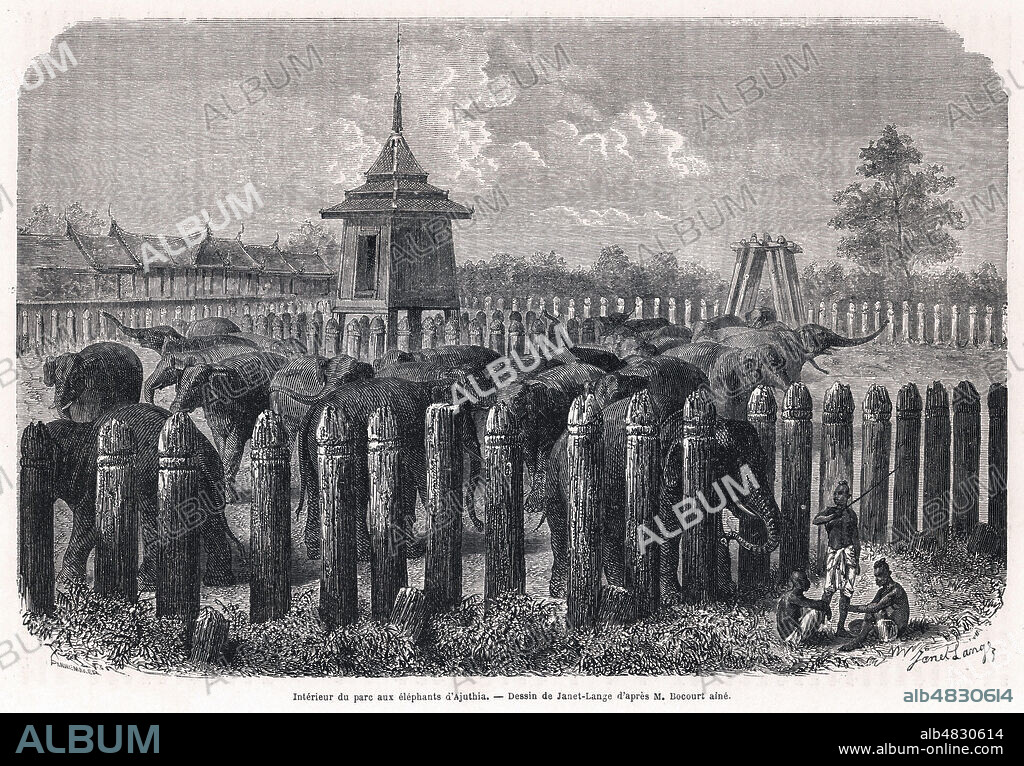 Interieur du parc a elephant a Ajuthia. Illustration de Ange-Louis JANET-LANGE (1815-1872) pour Voyage dans les royaumes de Siam, de Cambodge, de Laos par Henri MOUHOT (1826-1861) repris dans Le Tour du Monde de 1863. Credit : Collection Kharbine-Tapabor.