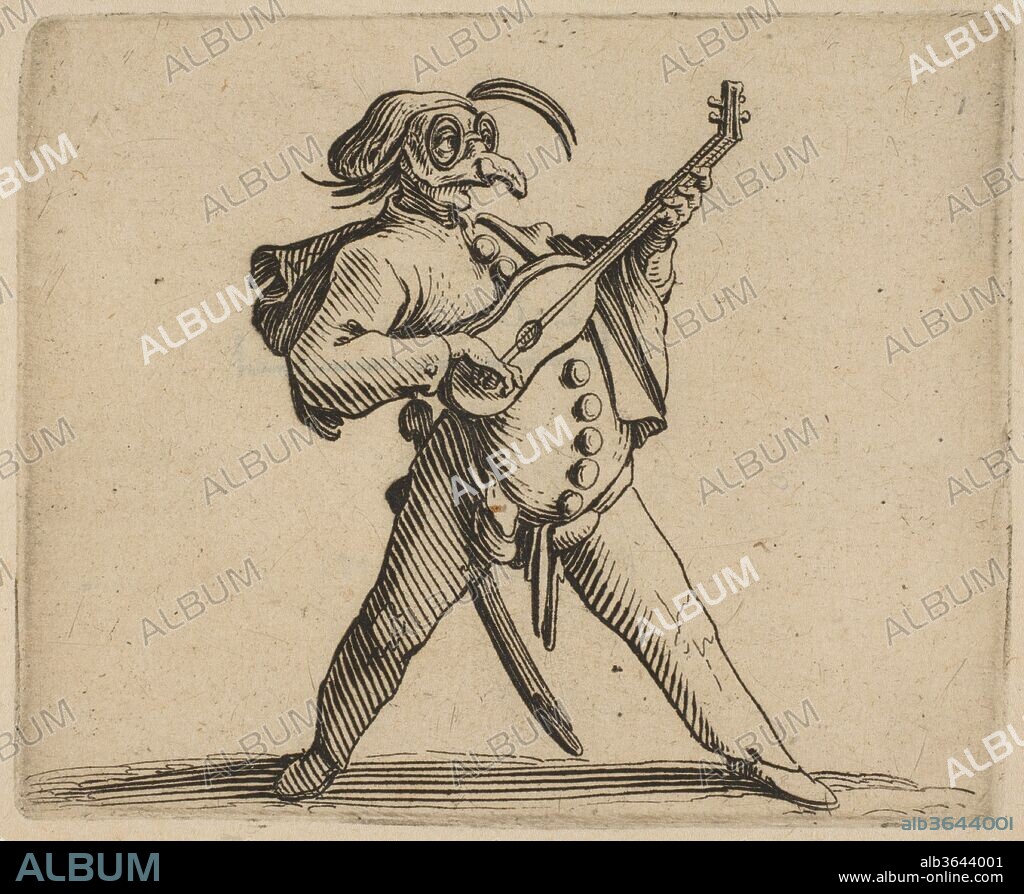 Le Comédien Masqué Jouant de la Guitare (The Masked Comedian Playing the Guitar), from Varie Figure Gobbi, suite appelée aussi Les Bossus, Les Pygmées, Les Nains Grotesques (Various Hunchbacked Figures, The Hunchbacks, The Pygmes, The Grotesque Dwarfs). Artist: Jacques Callot (French, Nancy 1592-1635 Nancy). Dimensions: Sheet: 7 5/16 x 10 3/8 in. (18.5 x 26.3 cm)
Plate: 2 9/16 x 3 1/8 in. (6.5 x 8 cm). Series/Portfolio: Les Gobbi, suite appelée aussi Les Bossus, Les Pygmées, Les Nains Grotesques. Date: 1616-22.