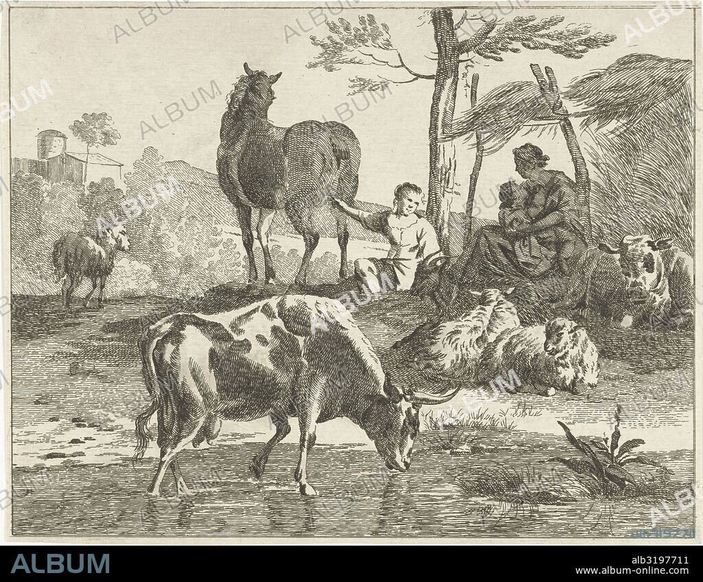 Herd of cattle in hilly landscape, Jan Matthias Cok, 1735-1771.