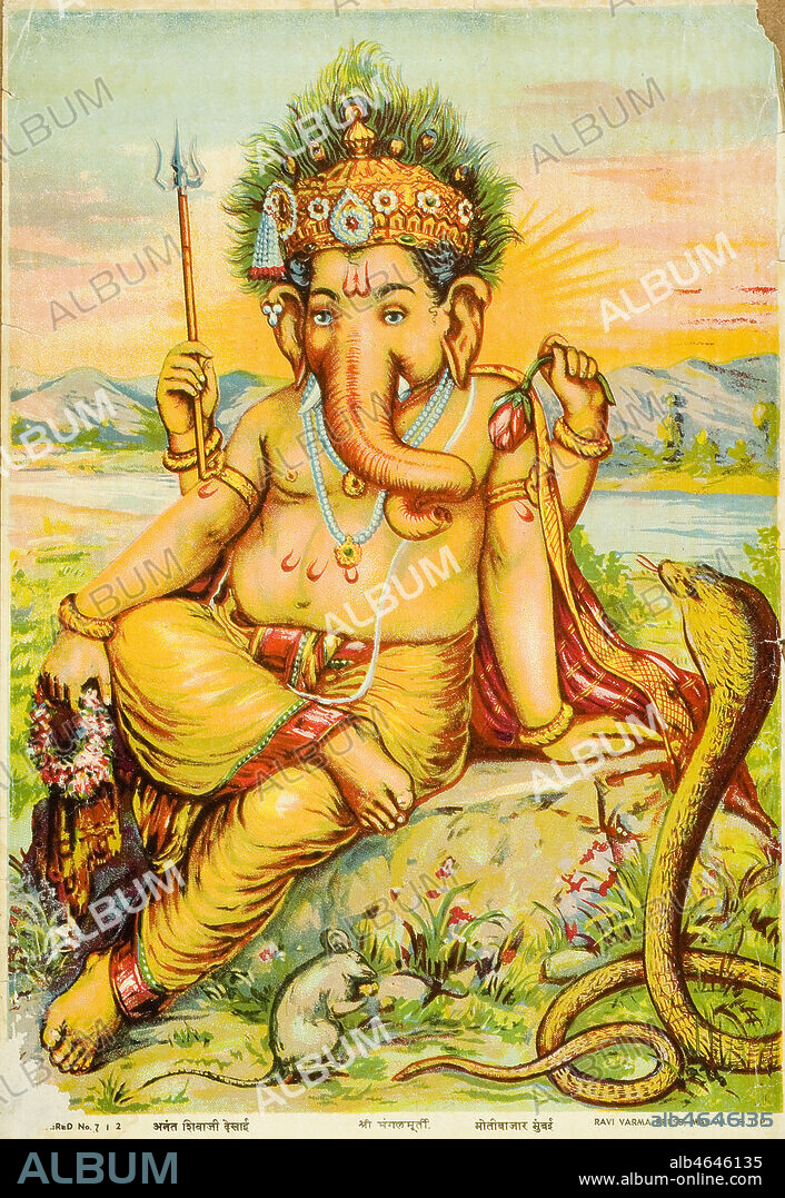 Representation de Ganesh avec la souris et le serpent. Il est le dieu du Savoir et de l'Intelligence . GANESH et son vâhana ou véhicule qui est un rat ou une souris, Mûshika. Celui-ci peut representer Ganesh seul sur certaines representations. Ils se completent, l¿éléphant massif, puissant et réfléchi, le rat petit, mobile et malicieux, ont tous les atouts nécessaires pour résoudre les problemes du monde. Affiche indienne en chromolithographie des annees 1970. Credit: Collection LOU/KHARBINE-TAPABOR.