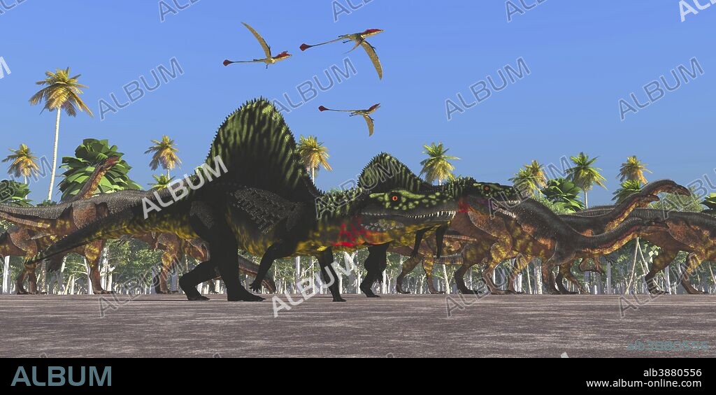 Arizonasaurus dinosaurs and Eudimorphodon flying reptiles follow along with a herd of Plateosaurus on their annual migration.