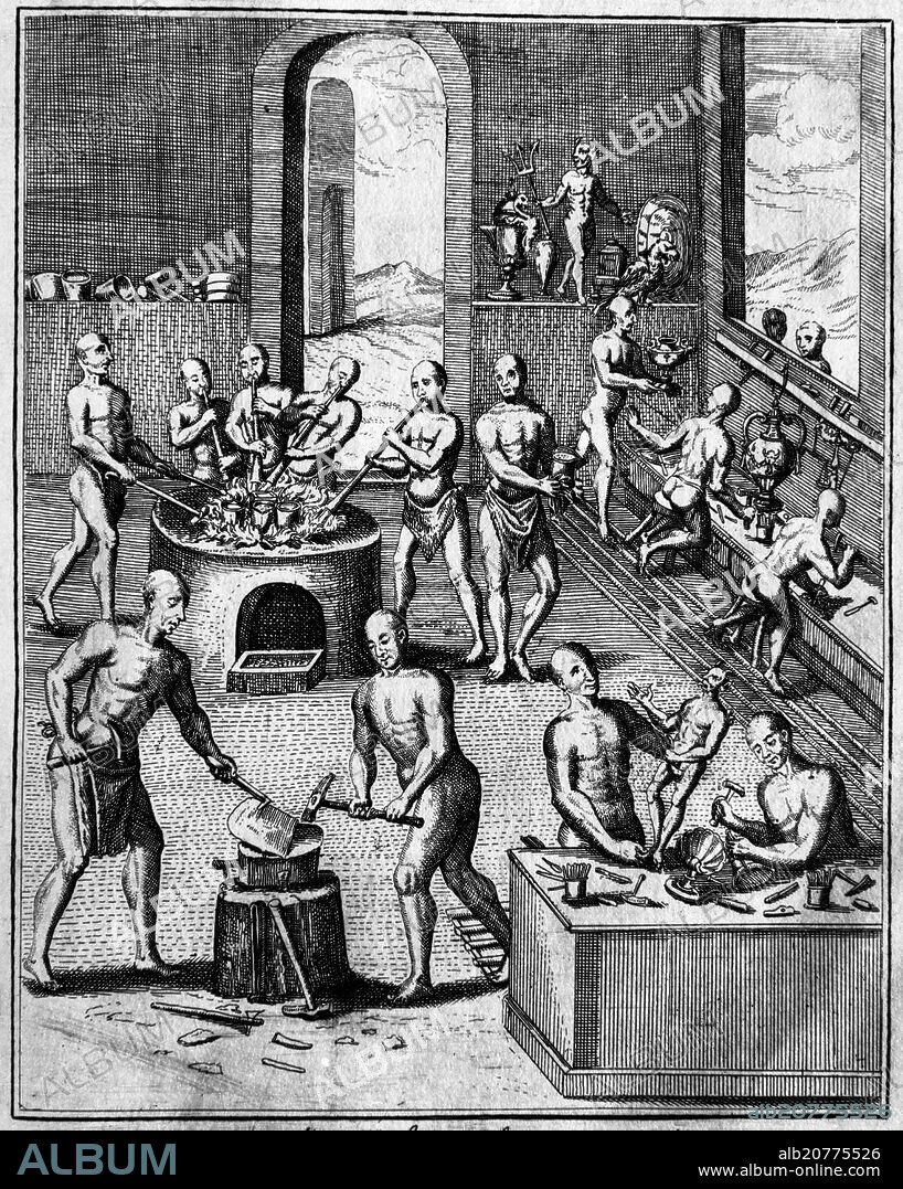 ANTONIO HERRERA Y TORDESILLAS. ARTIFICIO GRANDE DE LOS PLATEROS INDIOS - GRABADO POR BOUTTATS EN EL SIGLO XVII.