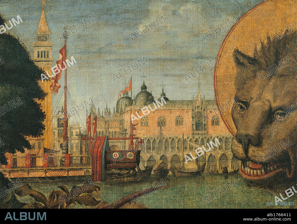The Lion of St Mark, by Vittore Carpaccio, 1516, 16th Century, oil on canvas, cm 130 x 368. Italy, Veneto, Venice, Doges Palace. Detail. Muzzle snout lion mane aureole halo book Gospel facades buildings palaces Venice Ducal Palace Doges Palace bell tower belfry Square St Mark Basilica.