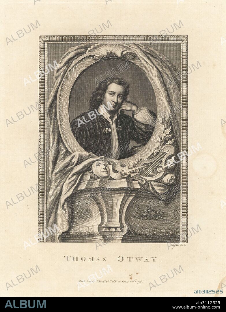 Portrait of Thomas Otway, English Restoration poet and dramatist, 1652-1685. Within an oval decorated with lyre, dramatic mask and flowers. Copperplate engraving by Ryder from The Copper Plate Magazine or Monthly Treasure, G. Kearsley, London, 1778.