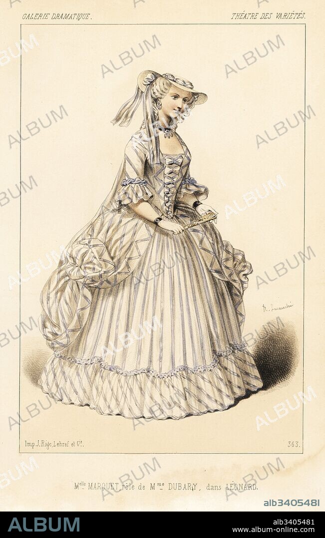 French actress Delphine Marquet as Madame Dubarry in Leonard le Perruquier by Dumanoir and Clairville, Theatre des Varieties, 1846. Handcoloured lithograph after an illustration by Alexandre Lacauchie from Victor Dollet's Galerie Dramatique: Costumes des Theatres de Paris, Paris, 1846.