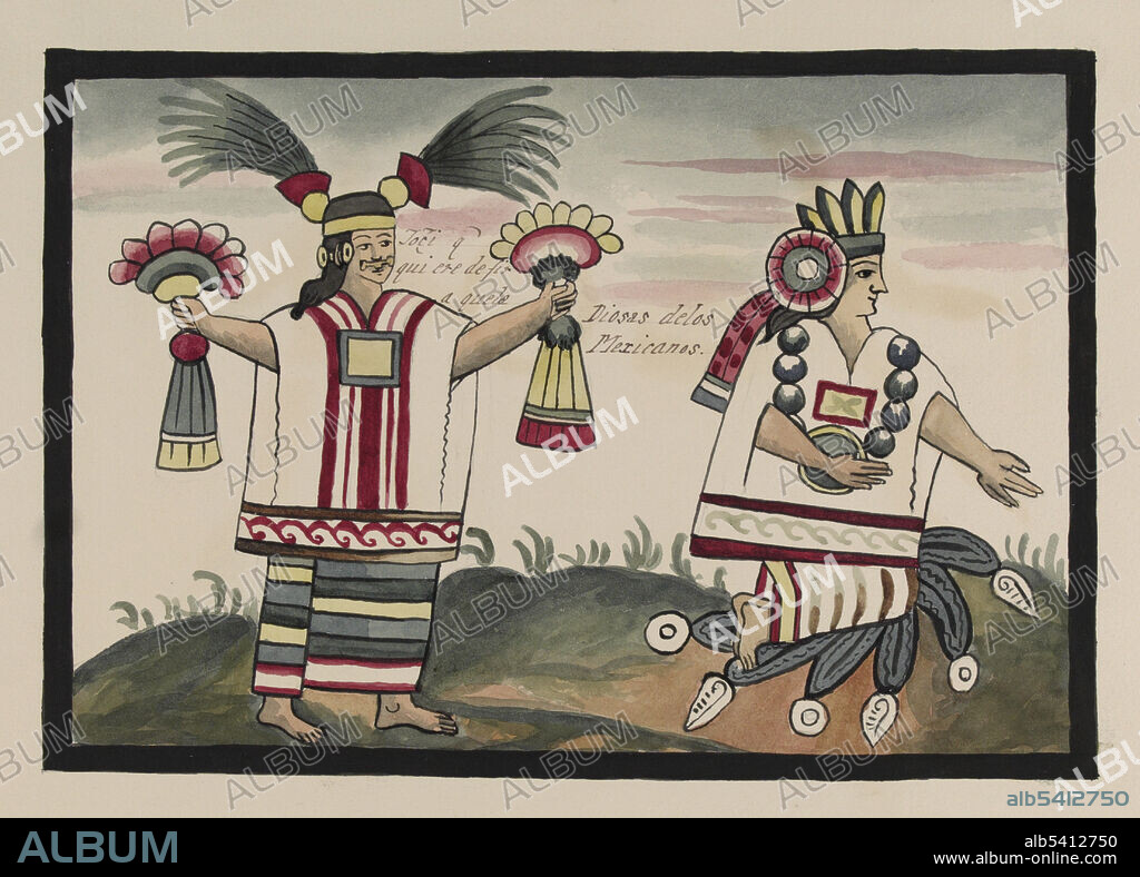 Entitled: Toci quiere decir a que la. Diosas de los Mexicanos. Toci or Tonantzin (our venerated mother) is shown with a bone through her nose, holding flower plumes and wearing quetzal plumes on her head. Xochiquetzal (flower feather) is shown wearing a jade necklace, kneeling on a lake. The Tovar Codex (16th century) contains detailed information about the rites and ceremonies of the Aztecs. The codex is illustrated with 51 full-page paintings in watercolor. Illustration taken from a 19th century transcript of Juan de Tovar's Historia de la benida de los yndios apoblar a Mexico (the Co´dice Tovar).