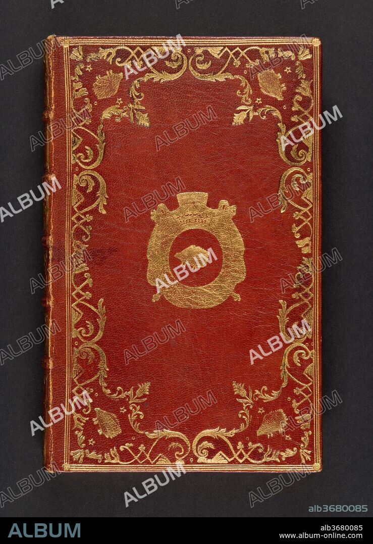 FRANÇOIS JEAN GABRIEL DE LA PORTE DU THEIL. Traité de Plutarque, sur la manière de discerner un flatteur d'avec un ami et Le banquet des sept sages: dialogue du même auteur revu & corrigé sur des manuscrits de la Bibliothèque du roi; avec une version françoise & des notes. Artist: François Jean Gabriel de La Porte du Theil (French, 1742-1815). Author: Plutarch (Greek, ca. A.D. 45-ca. 125). Dimensions: xii, 335, [1] pages ; Height: 8 1/4 in. (21 cm). Publisher: De L'Imprimerie Royale. Date: 1772.
Parallel Greek text and French translation, with notes in French. Translation and notes by François Jean Gabriel de La Porte du Theil.
Contemporary red morocco binding with arms of René Nicholas Augustin de Maupeou (1714-1792), Chancellor of France, with porcupine, at center of front and back covers and repeated porcupine motif in all four corners. In heraldry, the porcupine is the symbol of invincibility. It is also the badge of King Louis XII of France (1498-1515) and his motto: "Cominus et eminus," from near and afar, alluding to the myth of porcupines throwing their spines at enemies.