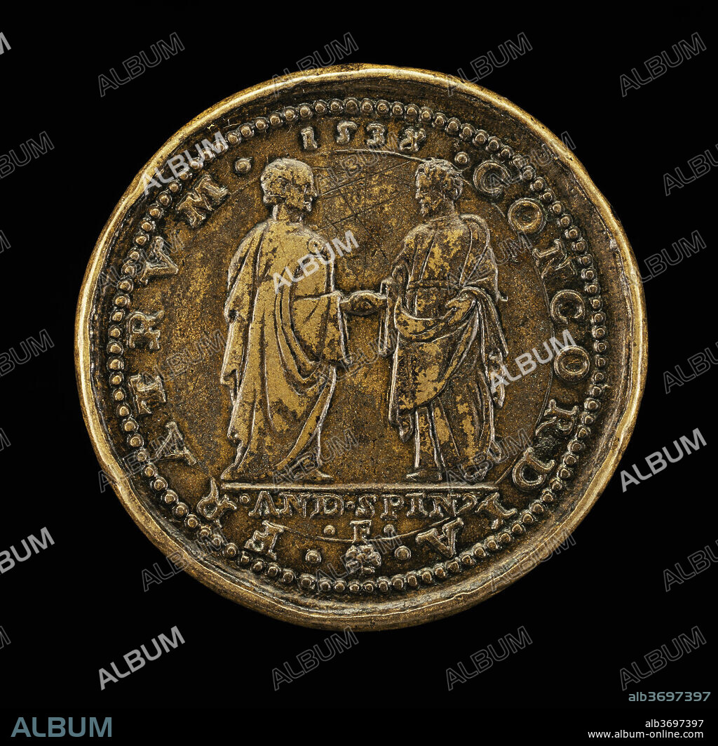 ANDREA SPINELLI. Mula and Another Man Joining Hands [reverse]. Dated: 1536. Dimensions: overall (diameter): 4.06 cm (1 5/8 in.)  gross weight: 26.92 gr (0.059 lb.)  axis: 6:00. Medium: bronze.
