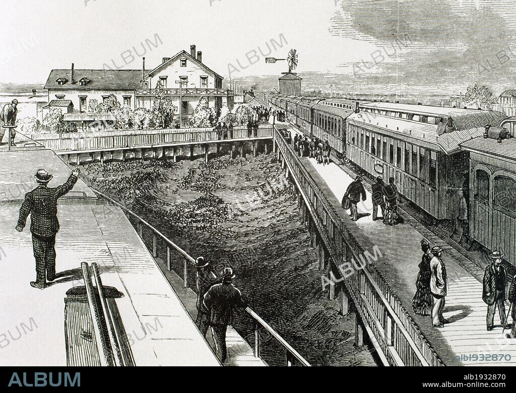 HISTORIA DE LOS ESTADOS UNIDOS. SIGLO XIX. ESTACION DE FERROCARRIL DE LATHROP (Estado de California), a 80 millas al este de San Francisco y que era lugar de encuentro entre la línea "Southern" y la "Central Pacific". Grabado que se publicó en el periódico "Frank Leslie's" (año 1878) .