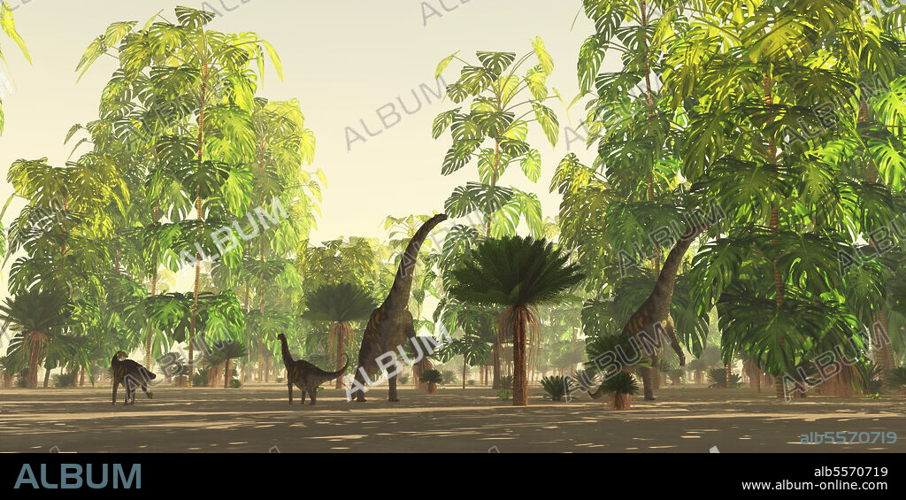 A herd of Argentinosaurus dinosaurs grazing on foliage in a Cretaceous forest.