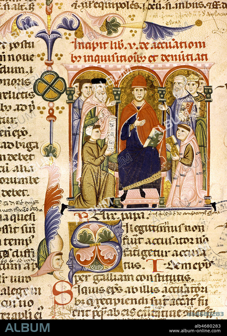 Tribunal ecclesiastique. Enluminure tiree du livre V des Decretales de GREGOIRE IX (vers 1145­22 août, 1241) PAPE, 14eme s (XIVe, 14e s.). Manuscrit medieval conserve a la bibliotheque municipale d'Amiens. Credit Collection JEAN VIGNE/KHARBINE TAPABOR.