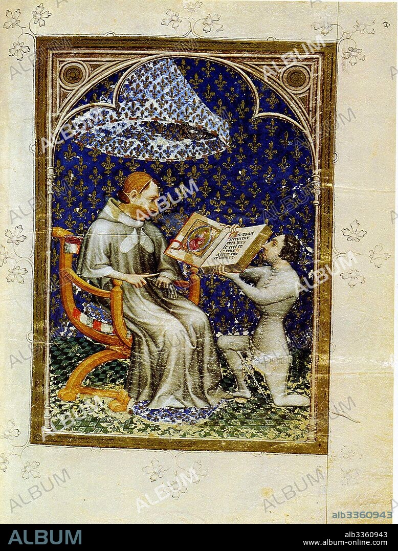 JAN BONDOL. Jean de Vaudetar presents his gift of a book to Charles V of France. (From the Bible historiale of Jean de Vaudetar).