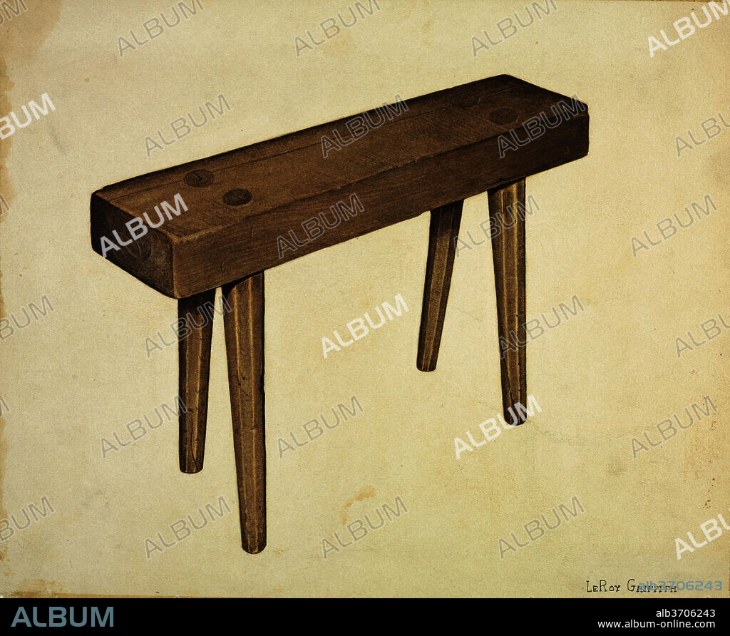 LEROY GRIFFITH. Dough Trough Bench. Dated: c. 1940. Dimensions: overall: 22.2 x 26.7 cm (8 3/4 x 10 1/2 in.)  Original IAD Object: overall: 18" high, 28" long, 10 3/4" wide. Medium: watercolor, graphite, and colored pencil on paperboard.