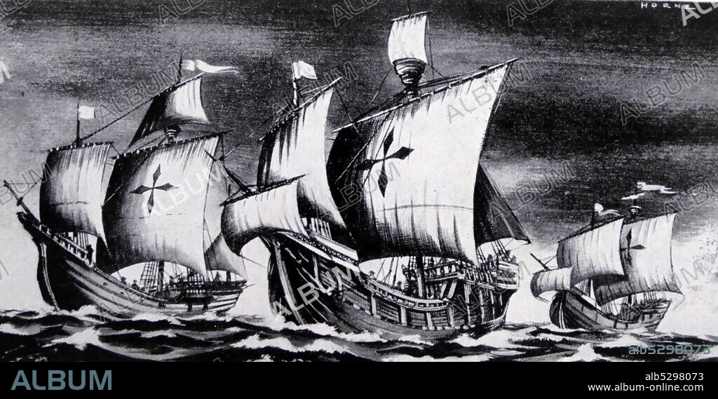 Illustration depicting the three ships of Christopher Columbus, used during his first voyage, the Nina, the Pinta, and the Santa Maria. Columbus sailed from Palos de la Frontera on 3 August, 1492. His flagship, the Santa Maria had 52 men aboard while his other two ships, the Nina and Pinta were each crewed by 18 men.