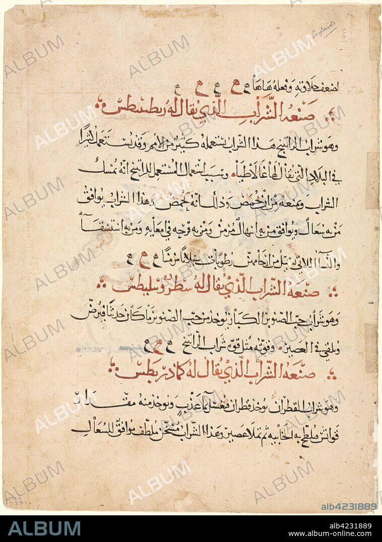 Text page from a Materia Medica of Dioscorides, c. 1224. Abdallah ibn al-Fadl (Iraq). Ink and opaque watercolor on paper; sheet: 33.1 x 24.5 cm (13 1/16 x 9 5/8 in.); image: 24 x 19 cm (9 7/16 x 7 1/2 in.).