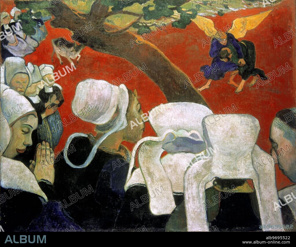 The Vision after the Sermon (Jacob wrestling with the Angel) 1888 (oil on canvas). Artist Gauguin, Paul (1848-1903). Location © National Gallery of Scotland, Edinburgh, Scotland. Eugène Henri Paul Gauguin (June 8, 1848 - May 9, 1903) was a leading Post-Impressionist painter. His bold experimentation with colouring led directly to the Synthetist style of modern art. ©TopFoto.