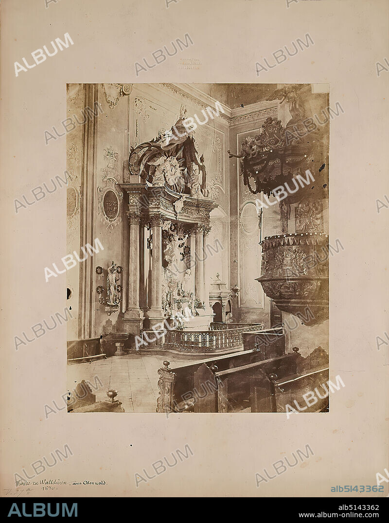 Georg Maria Eckert, Verlag von Fr. Bassermann, Church of Walldürn am Odenwald, albumin paper, black and white positive process, image size: height: 26.5 cm; width: 21 cm, inscribed and dated: Cardboard recto and left: handwritten with black ink: Kirche zu Walldüren, am Odenwald. 1870. and below in lead: v. 27 a, dry stamp: cardboard recto and center: VERLAG VON FR. BASSERMANN HEIDELBERG, architectural photography, church interior, altar, church equipment, pulpit, ambo, Walldürn.