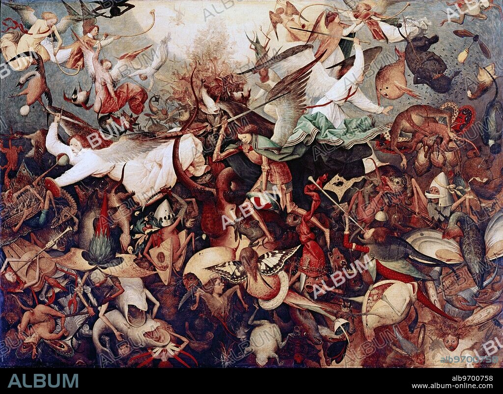 Fall of the Rebel Angels by Pieter Breugel (c.1525-69) - in the Royal Museum of Art, Brussels - Pieter Bruegel the Elder - The most famous member of the family and the only one to sign his paintings as 'Bruegel' without the H. - not Breughel - 1562. Oil on oak, 117 x 162 cm. MusÃ©es Royaux des Beaux-Arts, Brussels. Bruegel painted this picture when he was still living in Antwerp and supplying drawings to the engraver Hieronymus Cock. Turning his back on the then-dominant Italian models, he plunges into the then old-fashioned tradition of Hieronymus Bosch's world. An apparently inextricable mixture of persons and shapes offers itself to our bewildered gaze. Emerging from distant depths in a halo of light, monsters are thrown to earth as from a breaking wave. Angels combat them, led by St Michael, thin as a rake in his golden armour, striking with his sword at the dragon with the seven crowned heads on which he has his oothold. - Â©:TopFoto.
