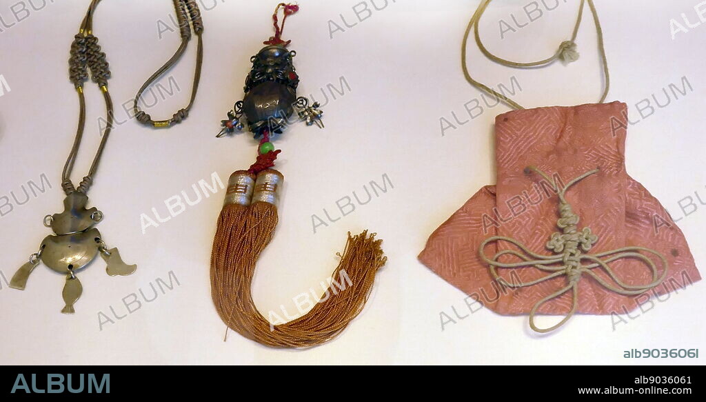 Korean Norigae (pendant), Necklace and Purse, 20th century. made from, cotton, plastic and paktong. Women embellished their appearance with accessories.
