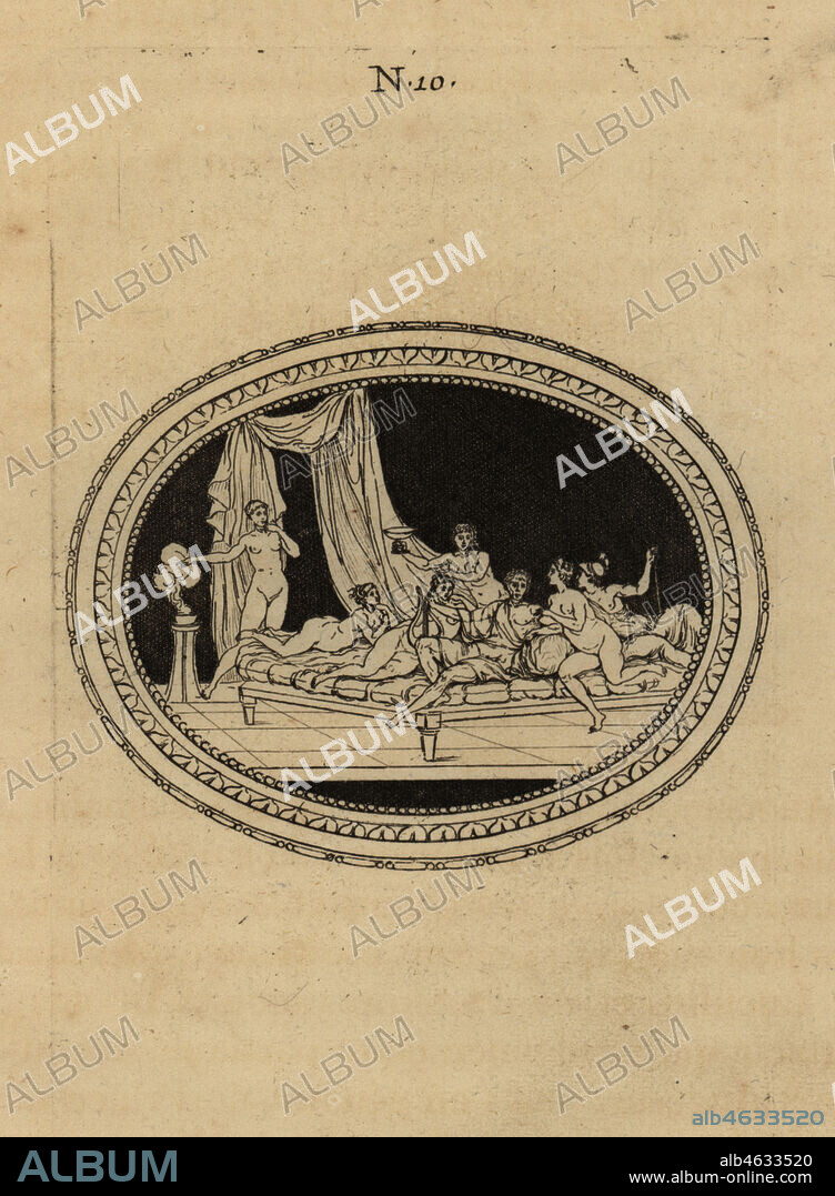 Augustus, dressed as Apollo with lyre, dines with six naked women dressed as goddesses. Auguste, sous lhabite dApollon, soupe avec six Deesses. Copperplate engraving from Pierre-Francois d'Hancarvilles Monumens de la Vie Privee des Douze Cesars, Chez Sabellus, Capri (Monuments of the Private Lives of 12 Caesars, Leclerc, Nancy) 1780. From imaginary Spintria, medals and cameos.