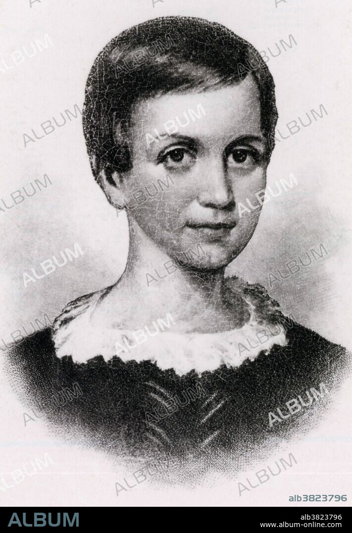 A drawing of Emily Dickinson at the age of nine. Dickinson (1830-1886) was an American poet who lived in Amherst, Massachusetts.