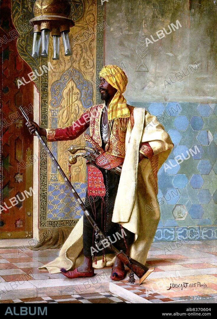 Jean Discart was born in the Italian city of Modena in 1856 and enrolled in a history of painting course at the Vienna Academy of Fine Arts at the age of seventeen.<br/><br/>. Discart first exhibited in the Paris Salon in 1884 and painted Orientalist subjects through to the 1920s, rendering work exquisite in their detail, richness and understanding of light and texture. Discart's compositions incorporated the heavy use of artifacts such as metal ware, pottery, textiles and instruments, set against elaborate backdrops of sculpted stone, painted tiles or carved woodwork.