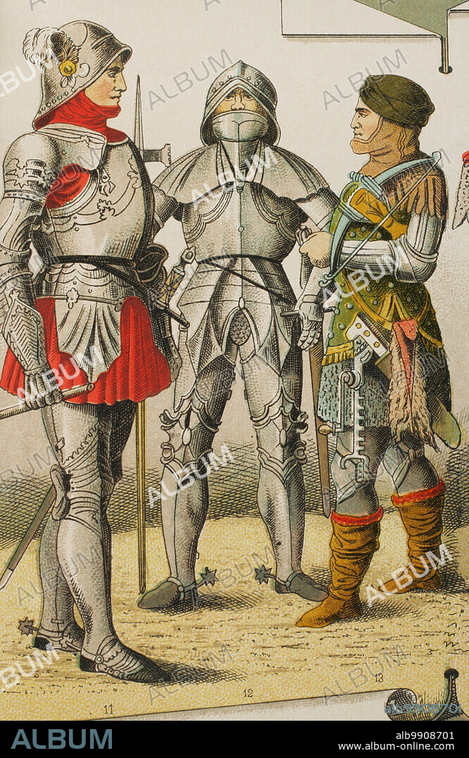 History of Germany. Middle Ages. 1450-1500. From left to right, 11-12: knights, 13: crossbowman. Chromolithography. "Historia Universal", by César Cantú. Volume VIII, 1881.