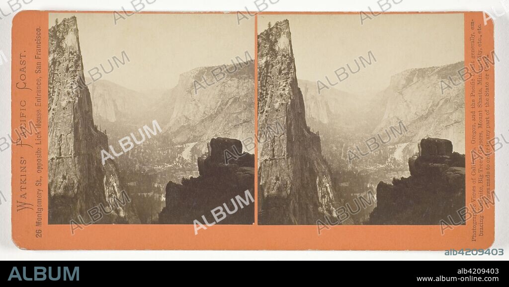 Looking Down the Valley from Union Point, Yosemite. Carleton Watkins; American, 1829-1916. Date: 1861-1876. Dimensions: 7.7 x 7.5 cm (each image); 8.7 x 17.5 cm (card). Albumen print, stereo, from the series "Watkins' Pacific Coast". Origin: United States.